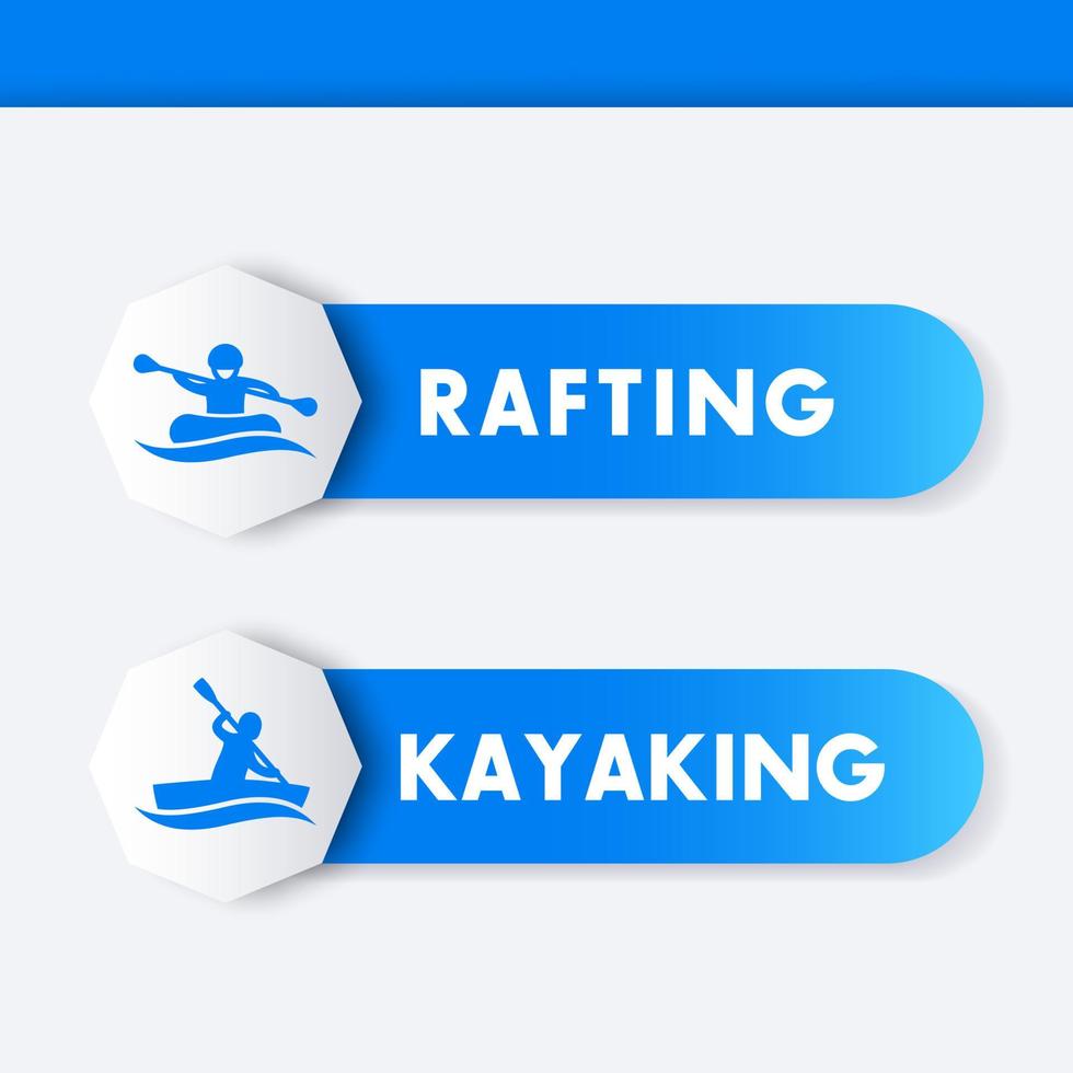 kayak, icônes de rafting, bannières, étiquettes en bleu vecteur