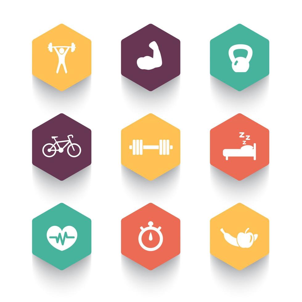 icônes de remise en forme, santé, icônes hexagonales à la mode de gym, pictogrammes de remise en forme, illustration vectorielle vecteur