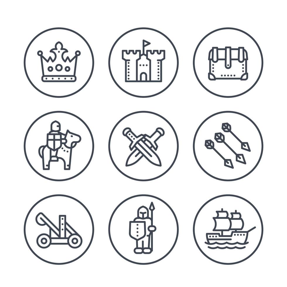 Icônes de ligne de guerre médiévale en cercles isolés sur blanc, illustration vectorielle vecteur