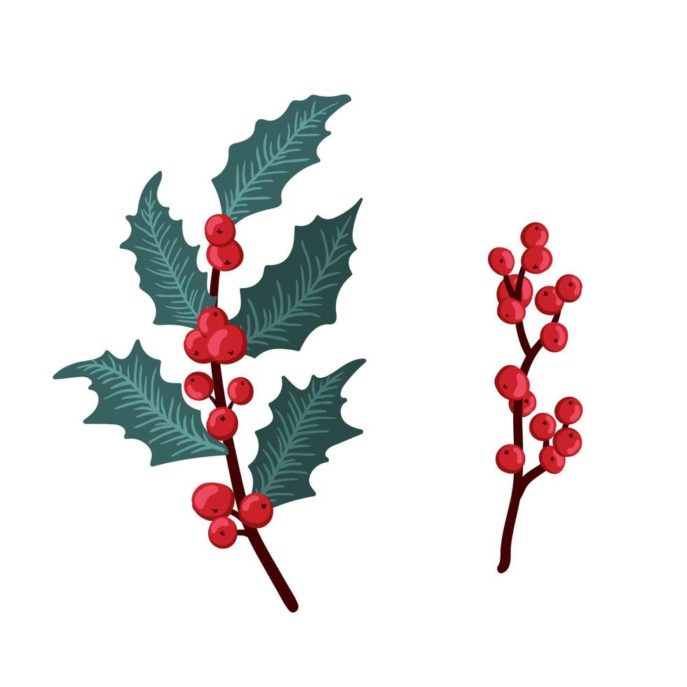 ensemble de baies de houx de noël, feuille verte, baies rouges, branches, brindilles. illustration vectorielle hiver isolée sur fond blanc pour les cartes de Noël et le design décoratif. vecteur