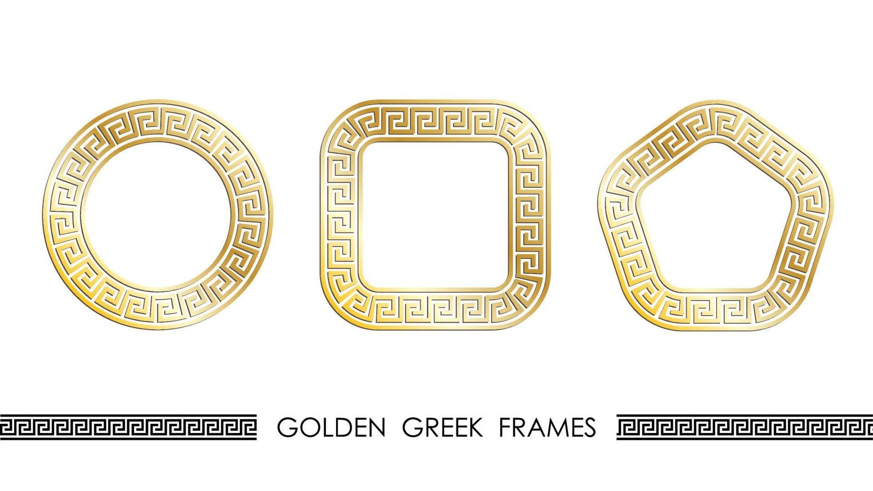 ensemble de cadres ronds et carrés grecs dorés pour les en-têtes décoratifs. ornements grecs anciens dorés isolés sur fond blanc. vecteur