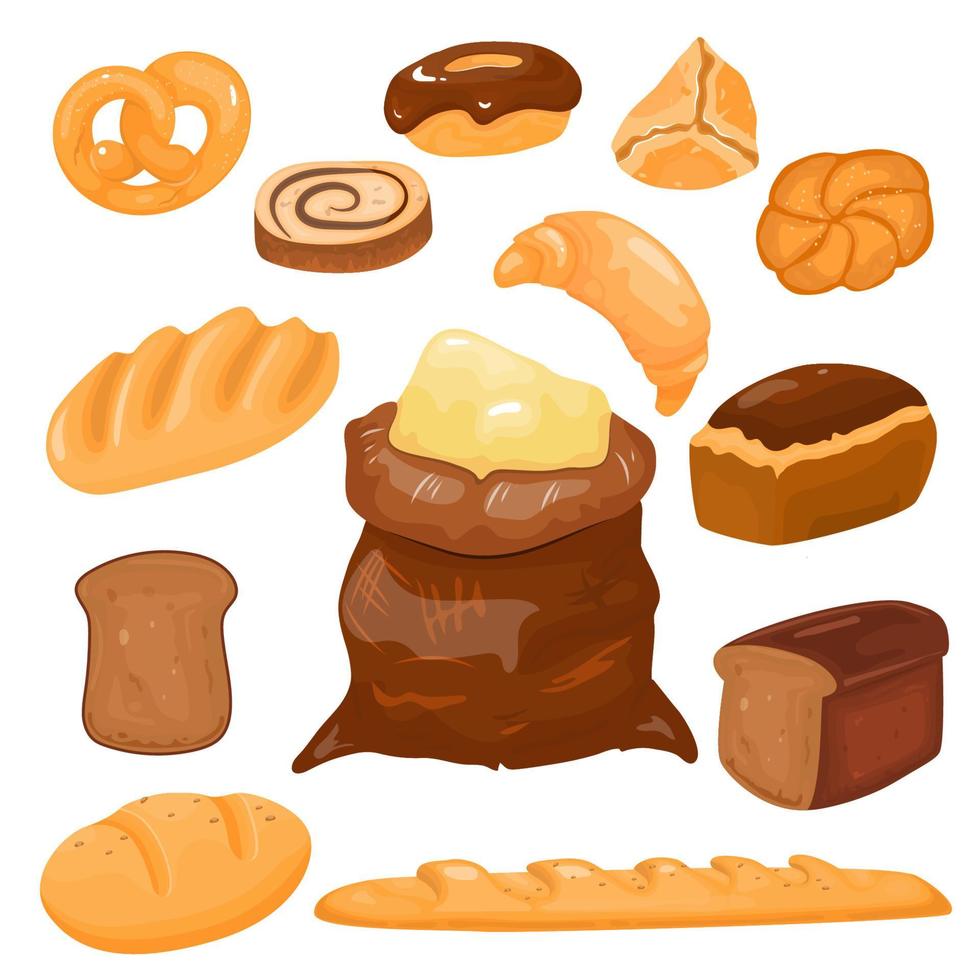 pain et gâteaux de dessin animé. produits de boulangerie de blé, pain de seigle. baguette, bretzel et ciabatta, croissant et cupcake, ensemble d'images vectorielles. vecteur