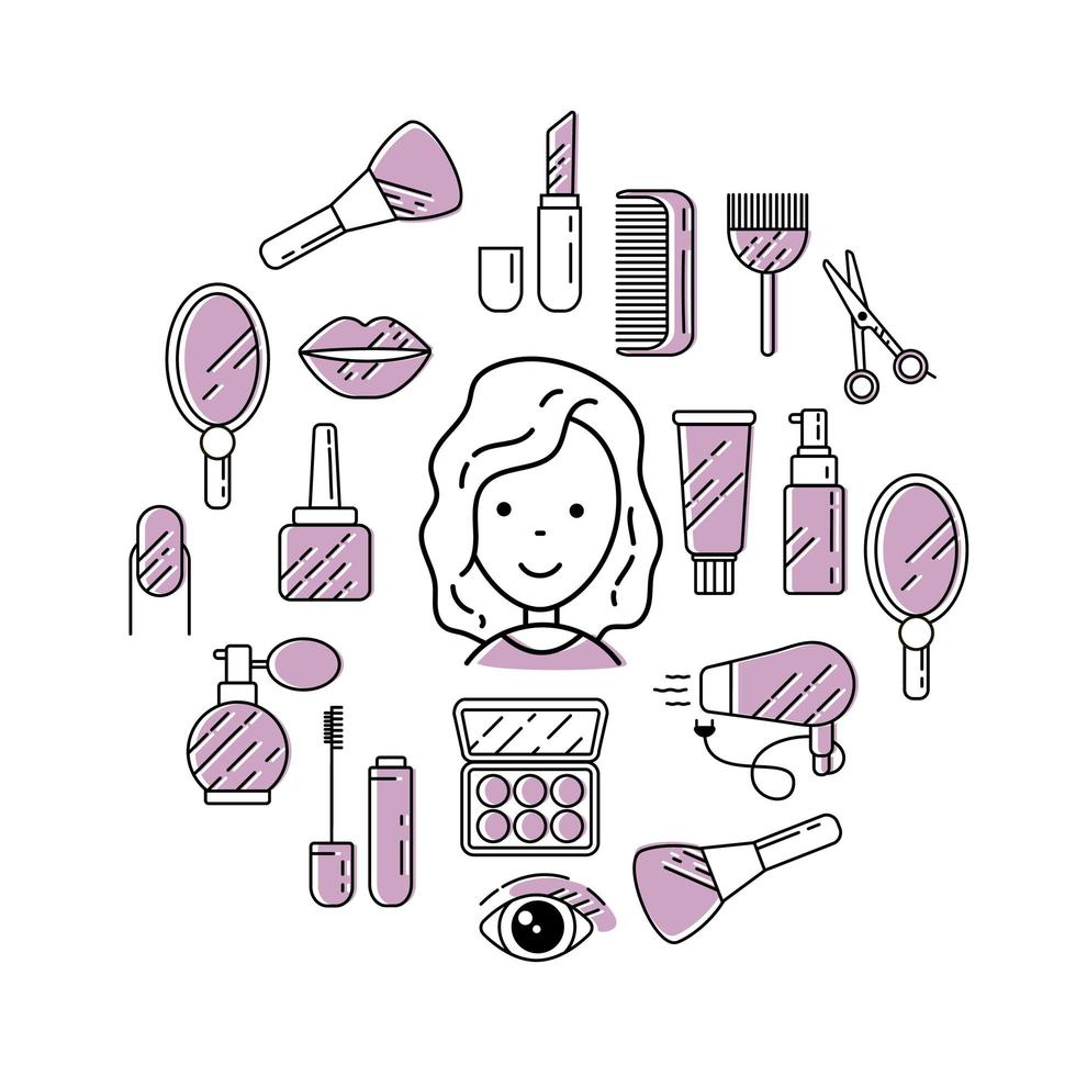 illustration de cosmétiques avec des icônes et des signes dans un style linéaire. vecteur