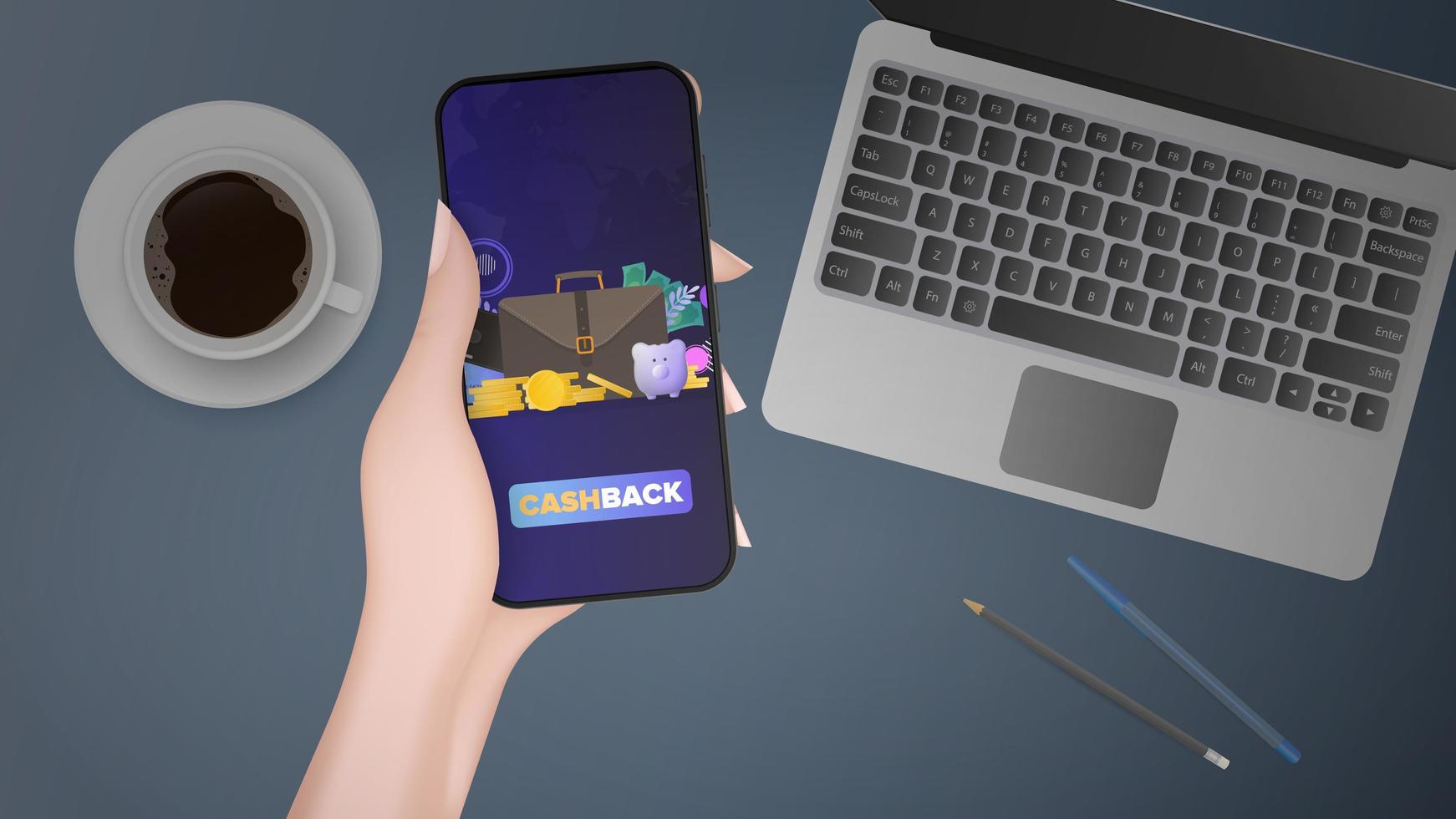 la main tient le téléphone avec l'application de paiement. bouton de paiement. carte de crédit, pièces d'or, dollars, ordinateur portable, clavier, tasse de café, stylo et crayon. le concept de boutiques en ligne, de paiement et de cashback. vecteur