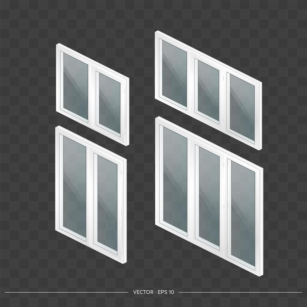 ensemble de fenêtres en métal-plastique blanc avec verres transparents en 3d. fenêtre moderne dans un style réaliste. isométrie, illustration vectorielle. vecteur