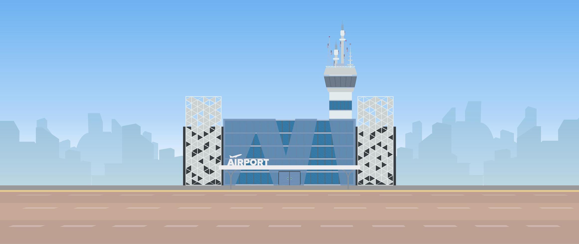 aéroport moderne. piste. aéroport dans un style plat. silhouetté par la ville. illustration vectorielle vecteur