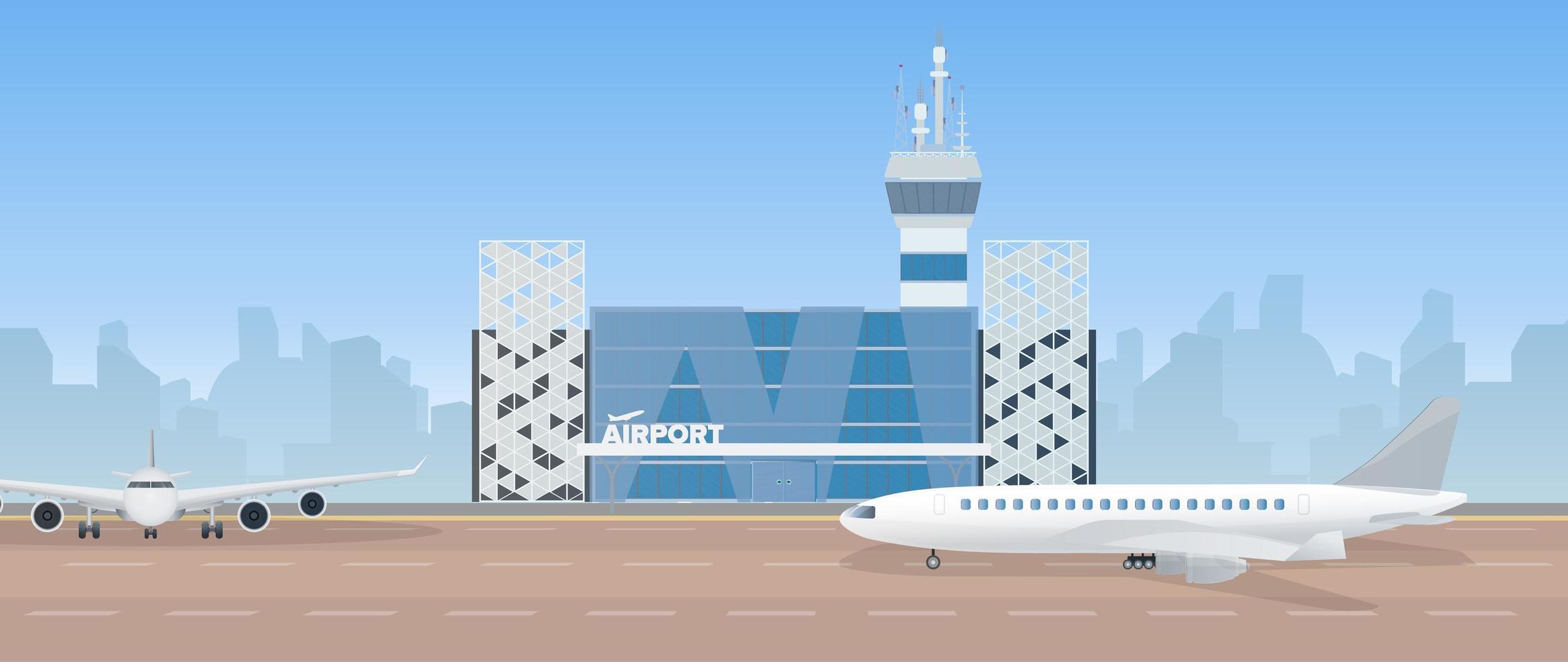 aéroport moderne. piste. avion sur la piste. aéroport dans un style plat. silhouette de la ville. illustration vectorielle vecteur