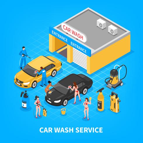 Illustration isométrique du service de lavage de voiture vecteur