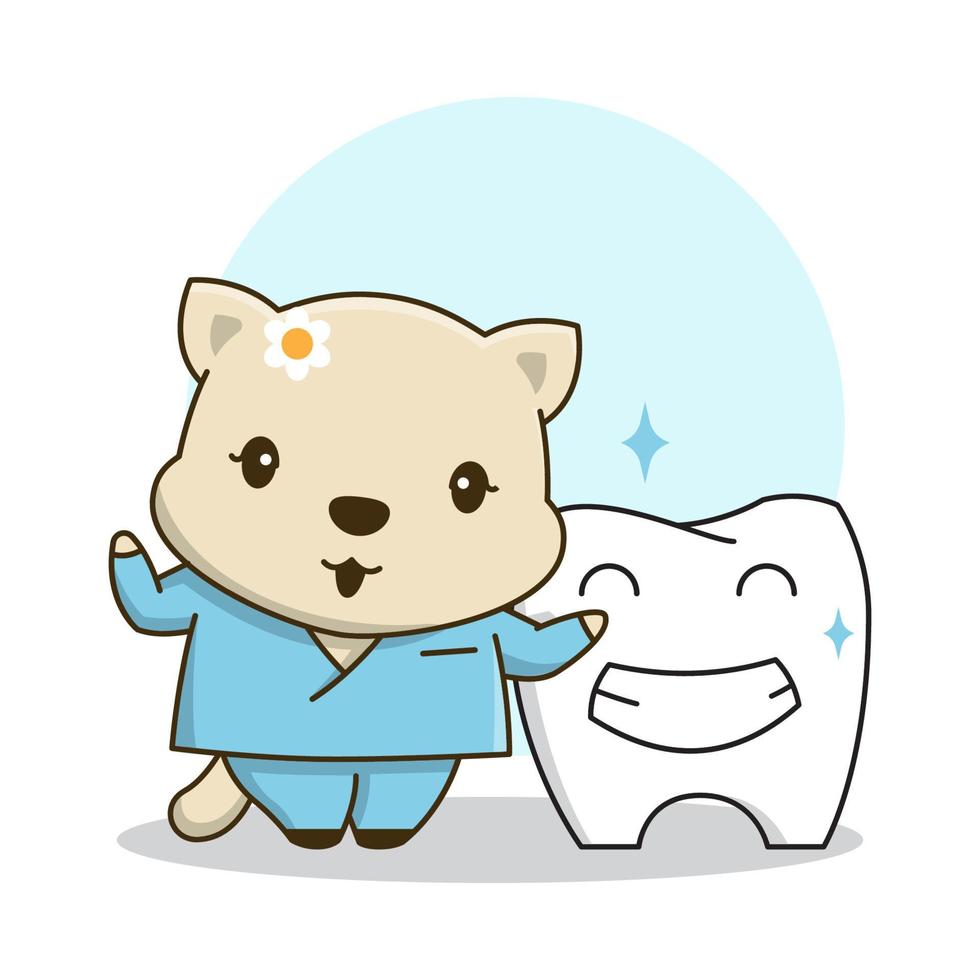 mignon petit docteur dentiste chat dent propre dessin animé soins dentaires amicaux vecteur