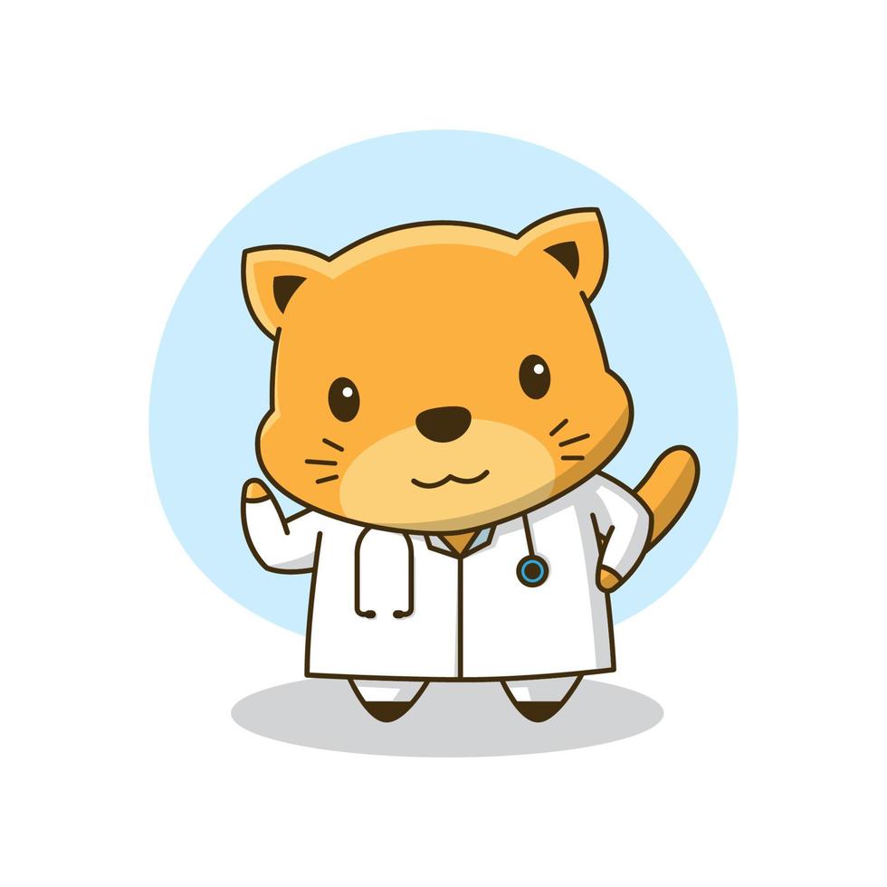 mignon petit docteur chat agitant la main dessin animé amical santé des enfants vecteur