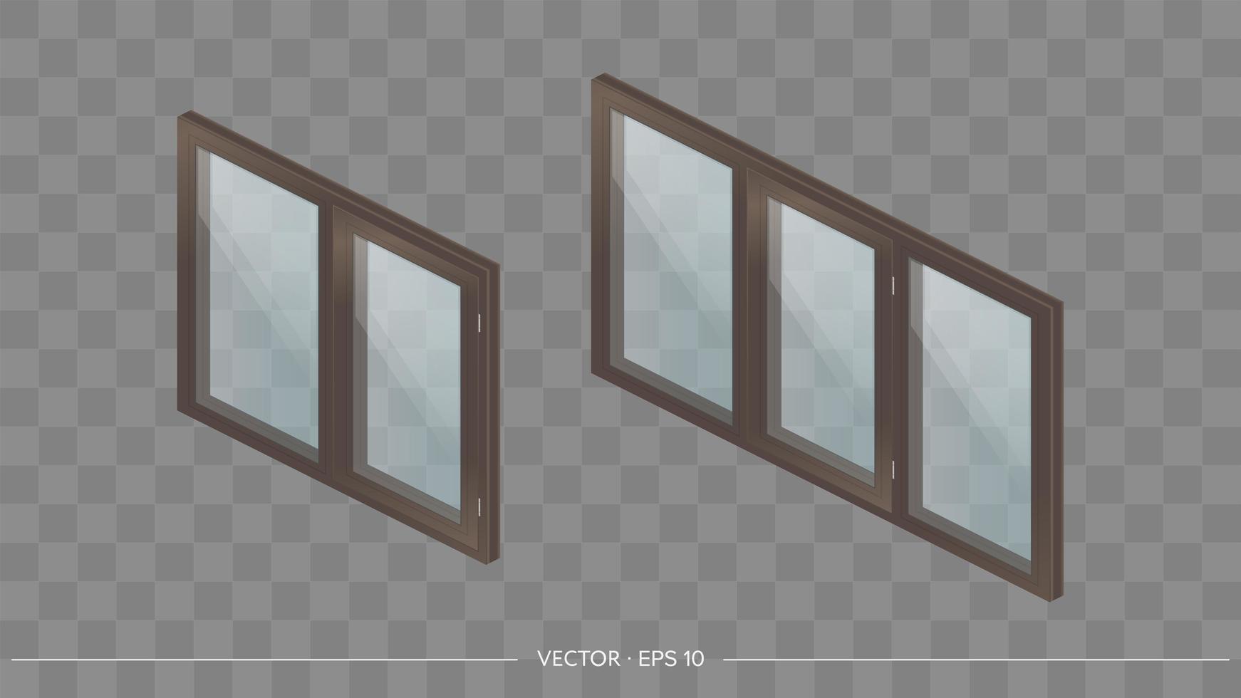fenêtre en métal-plastique marron avec verres transparents en 3d. fenêtre moderne dans un style réaliste. isométrie, illustration vectorielle. vecteur