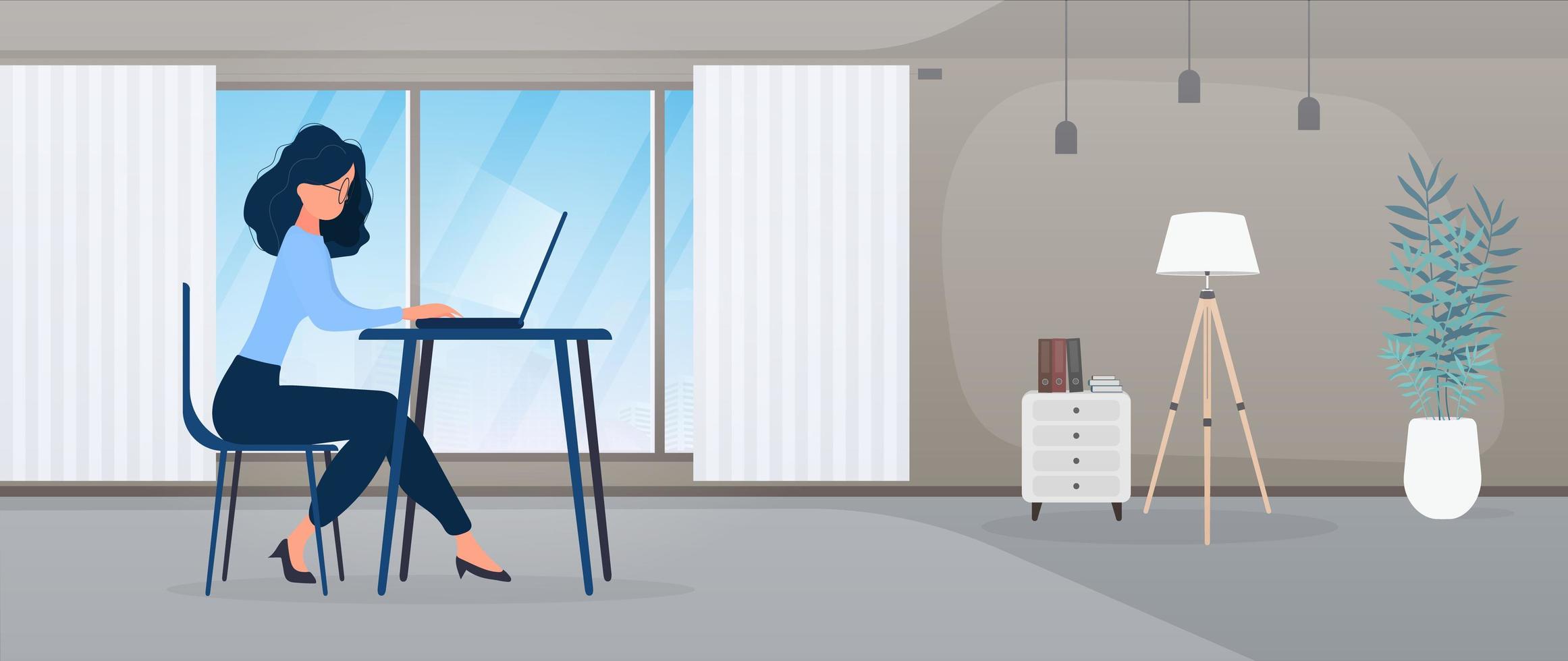 fille à lunettes est assise à une table au bureau. fille travaille sur un ordinateur portable. le concept de trouver des personnes pour travailler, d'afficher les postes vacants et les curriculum vitae. vecteur. vecteur