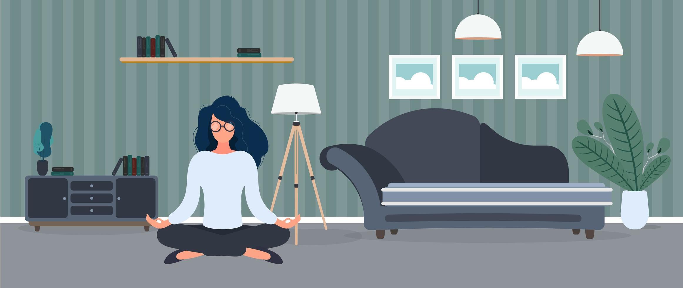 la fille médite dans la pièce. la fille pratique le yoga. chambre, canapé, tableaux, bibliothèque. illustration vectorielle vecteur