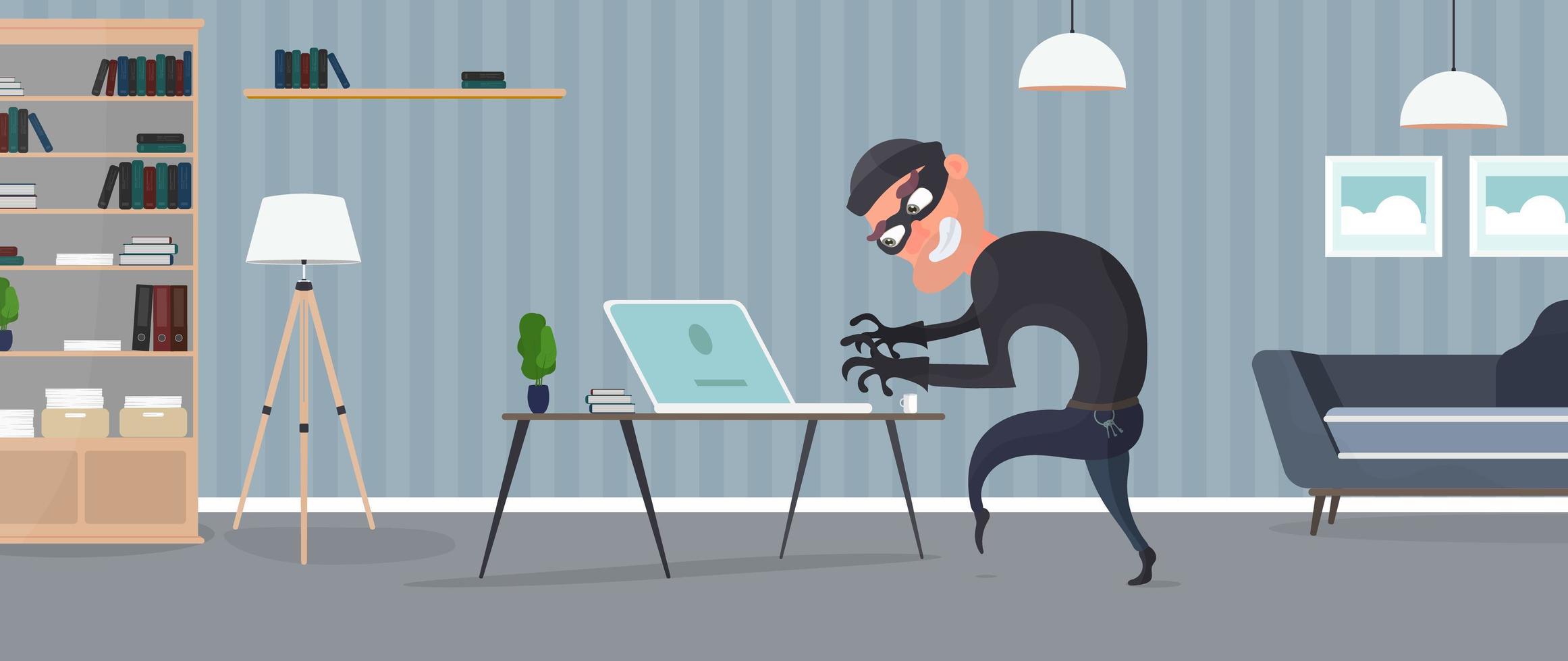 voleur dans la maison. un voleur vole les données d'un ordinateur portable. notion de sécurité. un voleur vole un appartement. vol à domicile. illustration vectorielle de style plat. vecteur