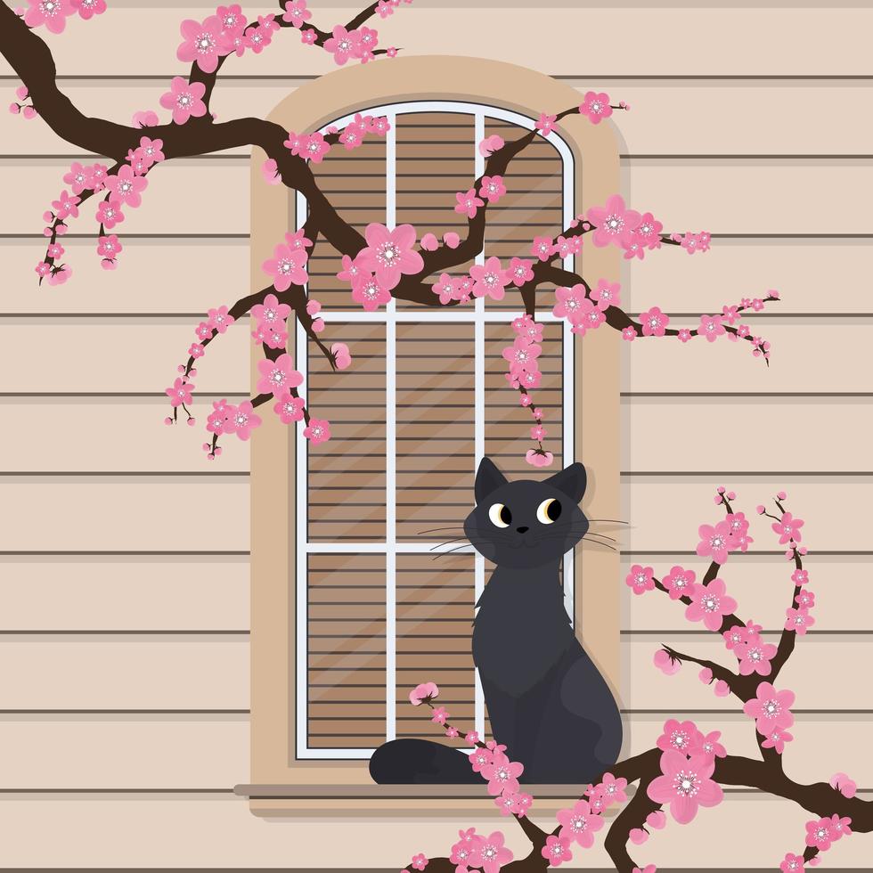 le chat est assis sur la fenêtre. fenêtre semi-circulaire avec des fleurs dans un style plat. fenêtre avec volets. vecteur. vecteur