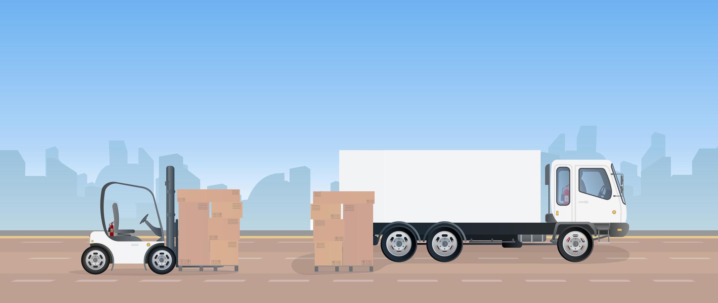un camion et une palette avec des cartons se dressent sur la route. chariot élévateur soulève la palette. chariot élévateur industriel. vecteur