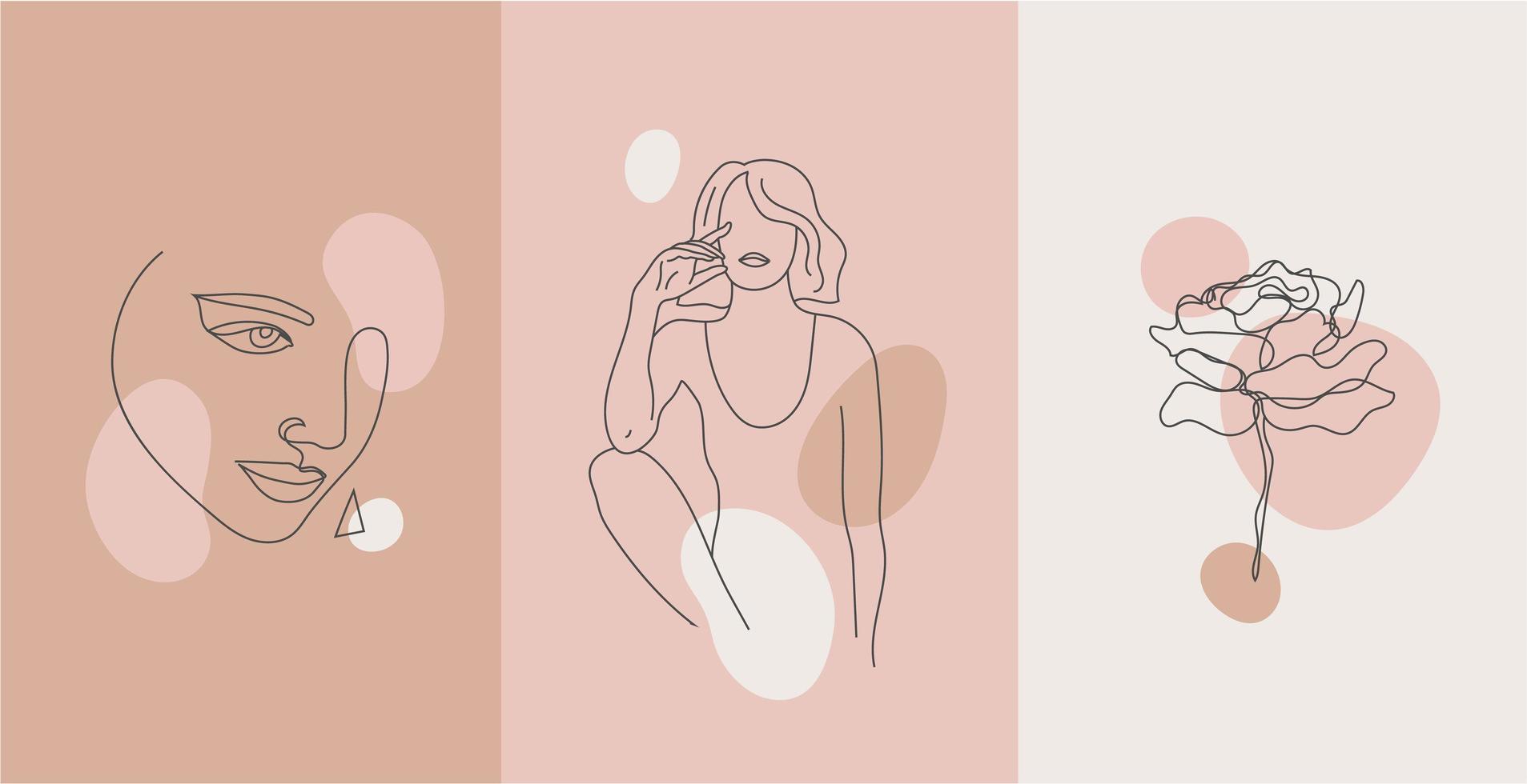 portrait de style minimaliste de vecteur. fleur en ligne continue, portrait de femme végétale. imprimé féminin abstrait dessiné à la main. utiliser pour des histoires sur les réseaux sociaux, des logos de beauté, des illustrations d'affiches, des cartes vecteur