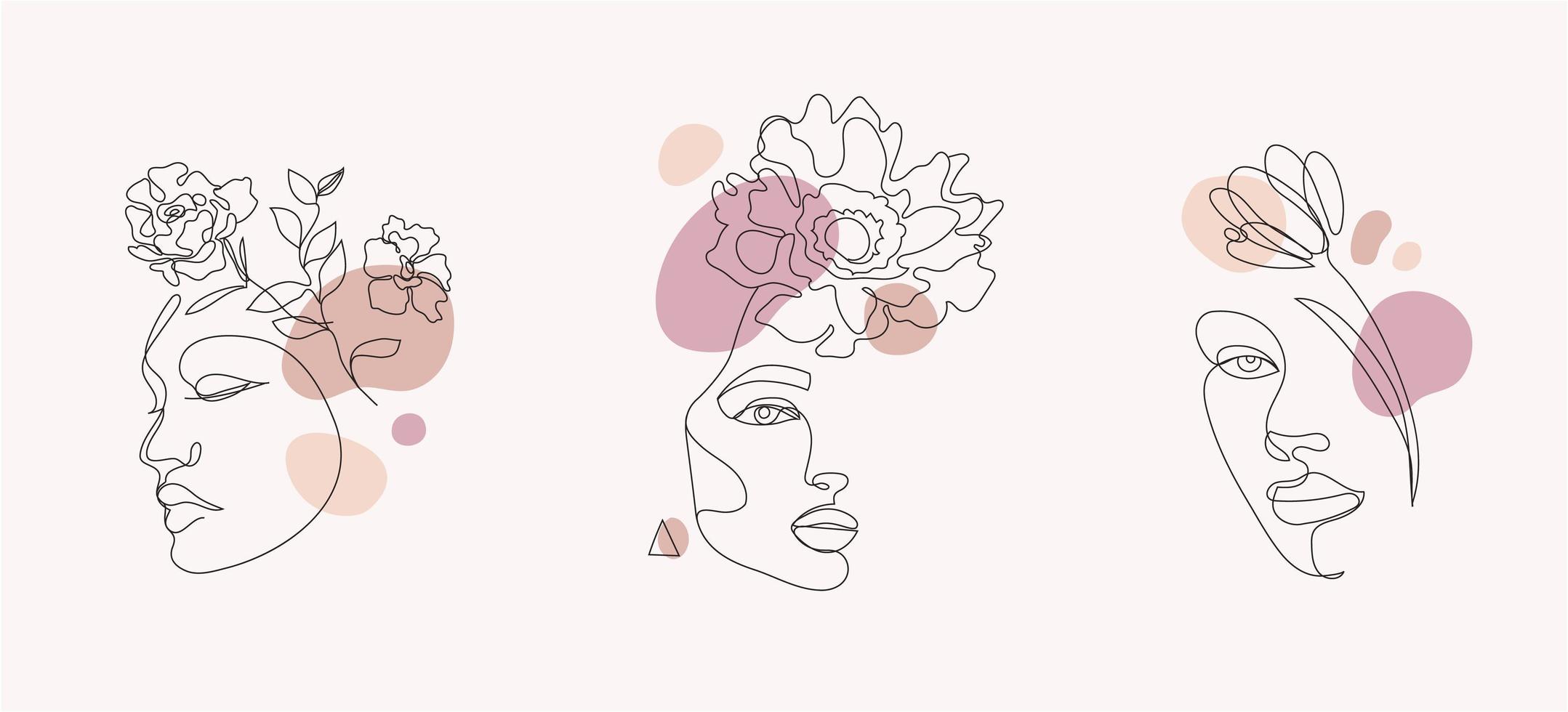 ensemble d'images vectorielles de visages de femmes, illustrations d'art en ligne, logos avec fleurs et feuilles, concept de nature féminine. utiliser pour les impressions, les tatouages, les affiches, les textiles, les logotypes, les cartes, etc. de beaux visages de femmes. vecteur