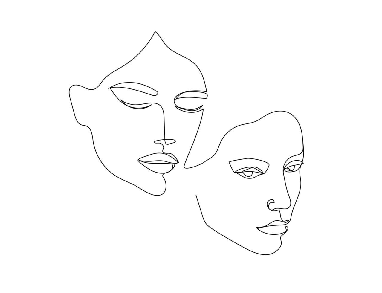 portrait de style minimaliste de vecteur. ligne, portrait linéaire continu de deux femmes. imprimé féminin abstrait dessiné à la main. utiliser pour des histoires sur les réseaux sociaux, des logos de beauté, des illustrations d'affiches, des cartes vecteur