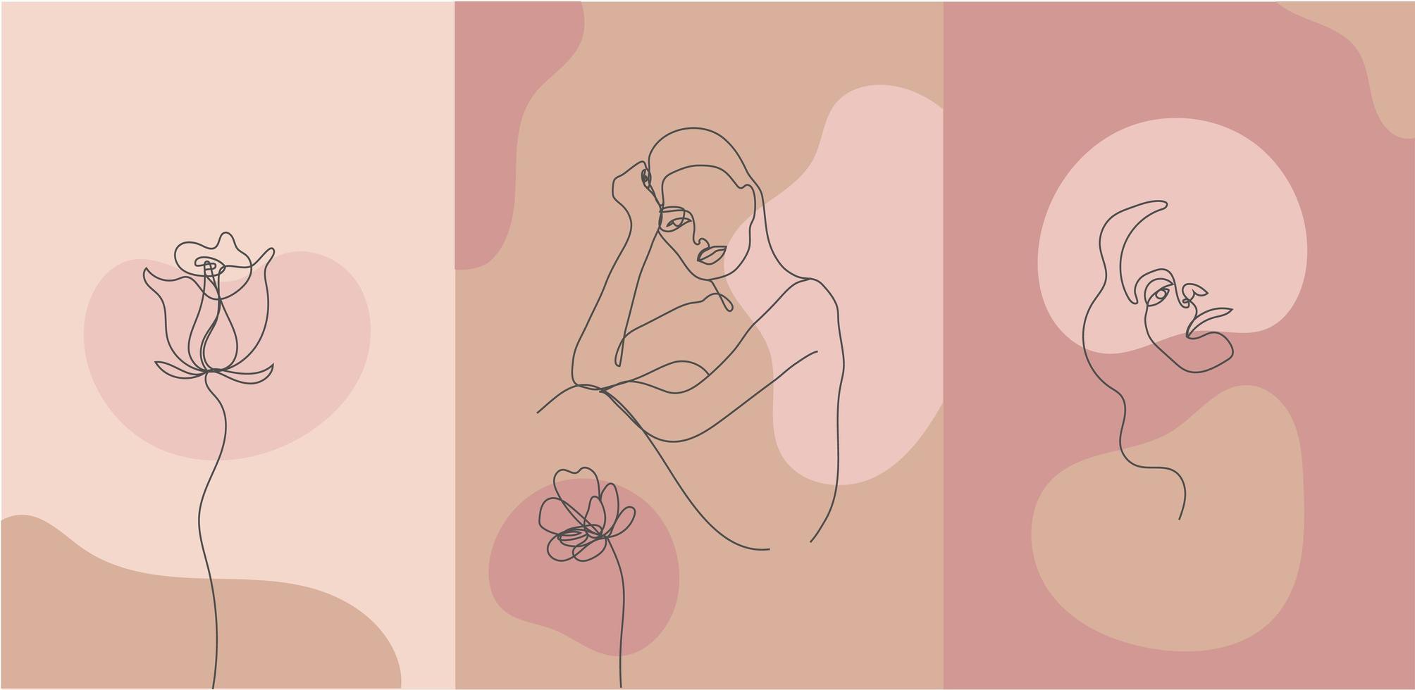 portrait de style minimaliste de vecteur. fleur de ligne, portrait de femme. imprimé féminin abstrait dessiné à la main. utiliser pour des histoires sur les réseaux sociaux, des logos de beauté, des illustrations d'affiches, des cartes vecteur