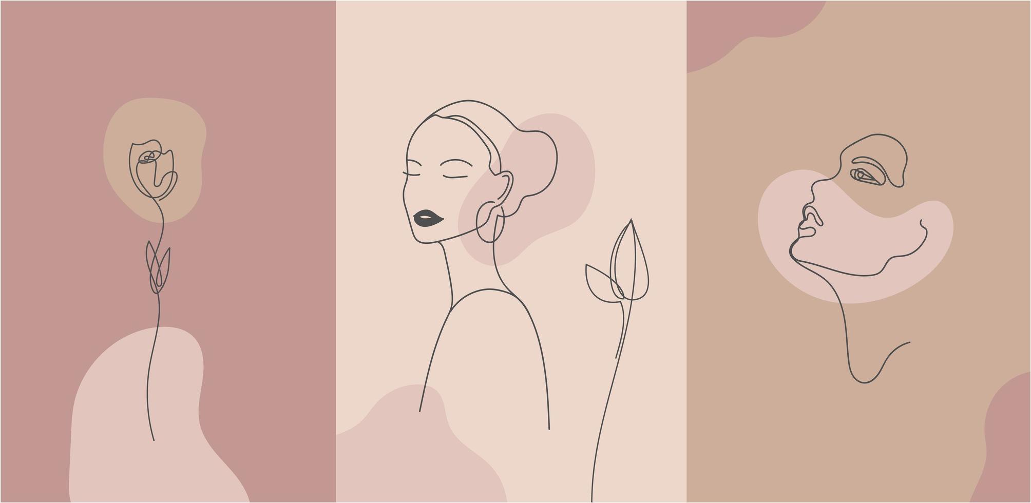 portrait de style minimaliste de vecteur. fleur de ligne, portrait de femme. imprimé féminin abstrait dessiné à la main. utiliser pour des histoires sur les réseaux sociaux, des logos de beauté, des illustrations d'affiches, des cartes vecteur