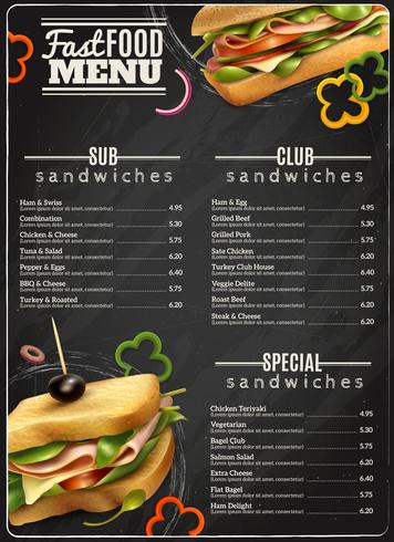 Affiche de publicité de menu de sandwiches de restauration rapide vecteur