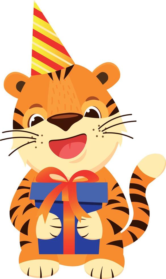 petit tigre gai avec un cadeau vecteur