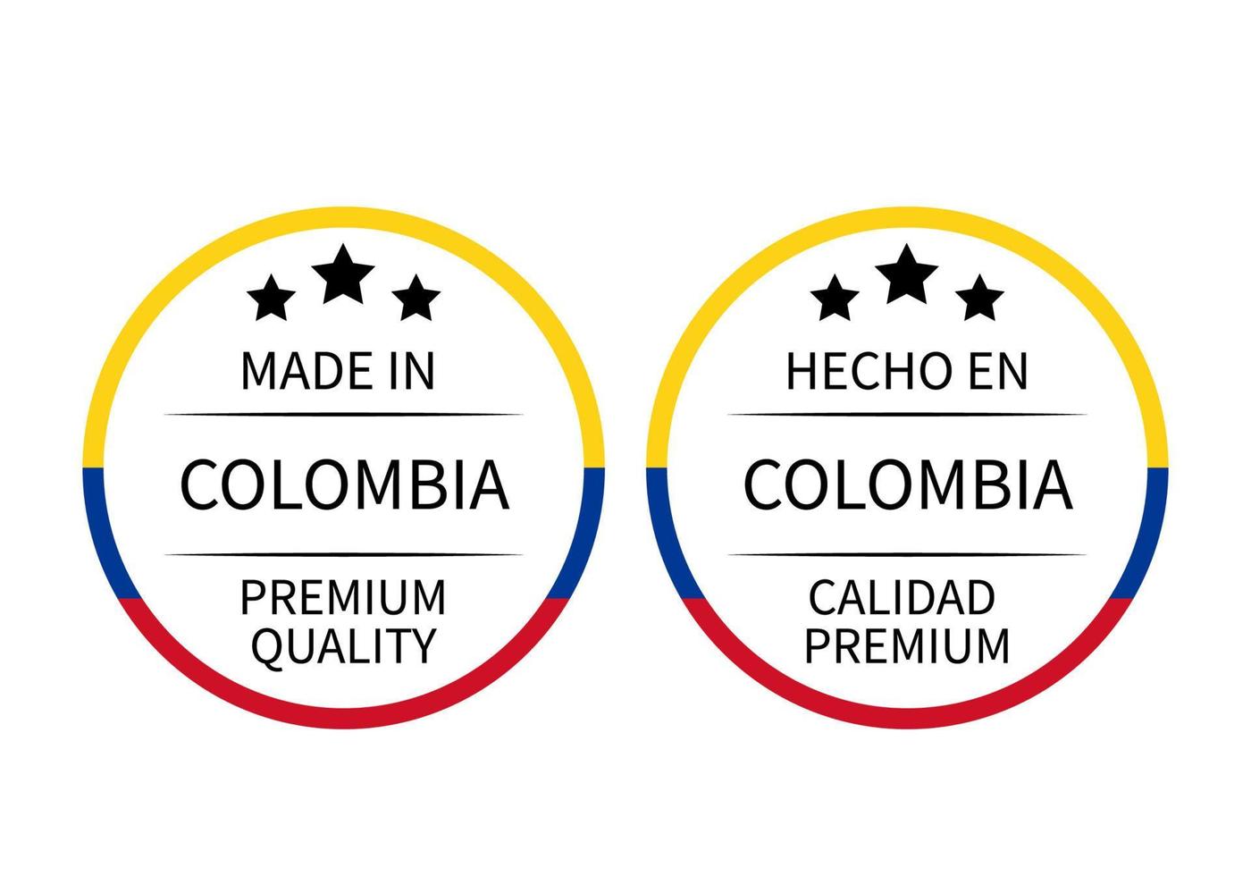 made in colombia étiquettes rondes en anglais et en espagnol. icône de vecteur de marque de qualité. parfait pour la conception de logo, les étiquettes, les badges, les autocollants, l'emblème, l'emballage du produit