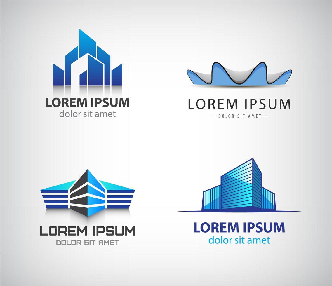 ensemble d'images vectorielles de logos de villes modernes, enseignes de bâtiments d'entreprise, paysage urbain, gratte-ciel vecteur