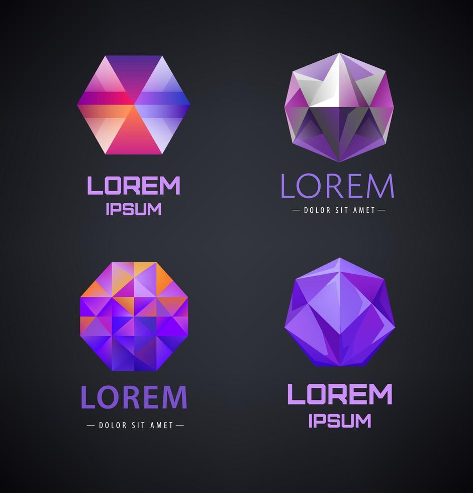 ensemble de vecteurs de cristal violet, logos à facettes, résumé 3d, gemme vecteur