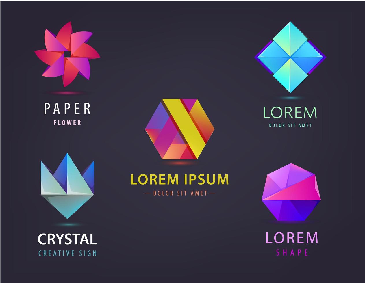 ensemble de vecteurs de logos origami 3d abstraits colorés, icônes. concept d'entreprise, modèle de conception d'identité d'entreprise. collection de logos multicolores géométriques sur fond noir vecteur