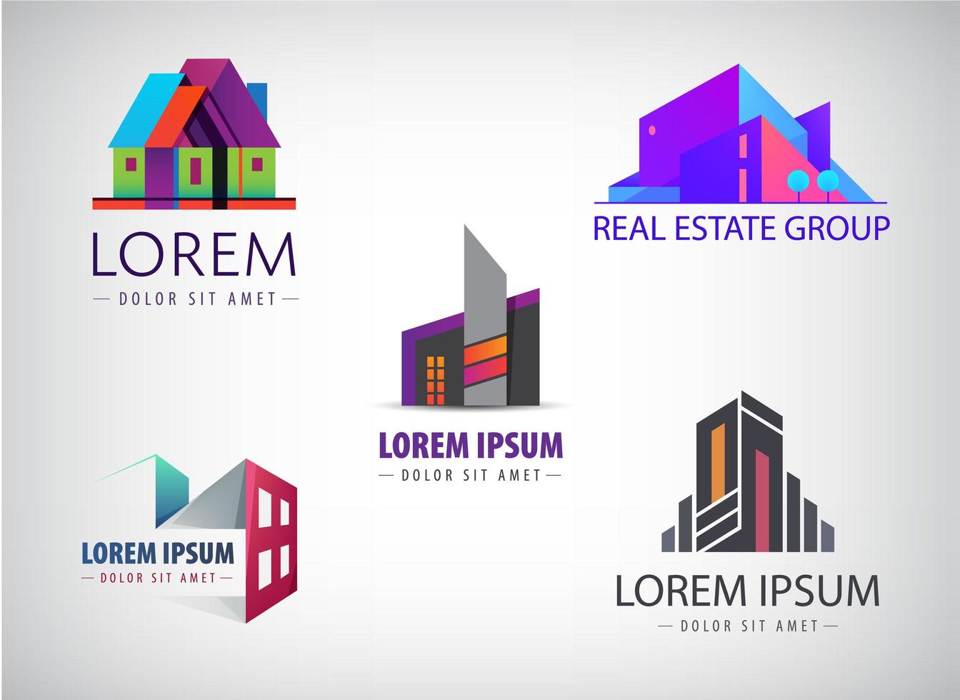 ensemble d'images vectorielles de conceptions de logos immobiliers multicolores pour l'identité visuelle d'entreprise, le bâtiment, les icônes de paysage urbain, les maisons, l'architecture vecteur