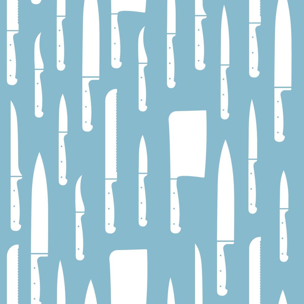 modèle sans couture de couteaux de cuisine blancs sur fond bleu. vecteur