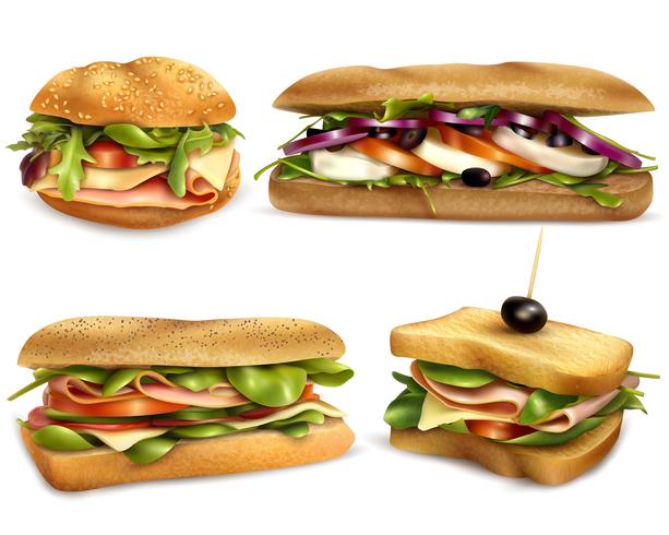 Ensemble réaliste de sandwichs aux ingrédients frais et sains vecteur