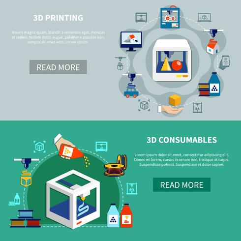 Bannières horizontales de prototypage avec processus d&#39;impression 3d vecteur