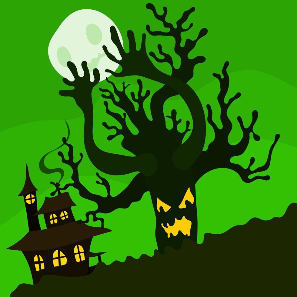 illustration halloween arbre maléfique et maison verte vecteur