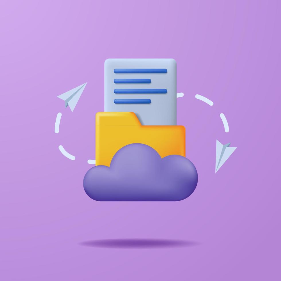 concept de transfert de données de serveur de fichiers cloud. Dossier jaune icône mignon 3D avec document de page. vecteur