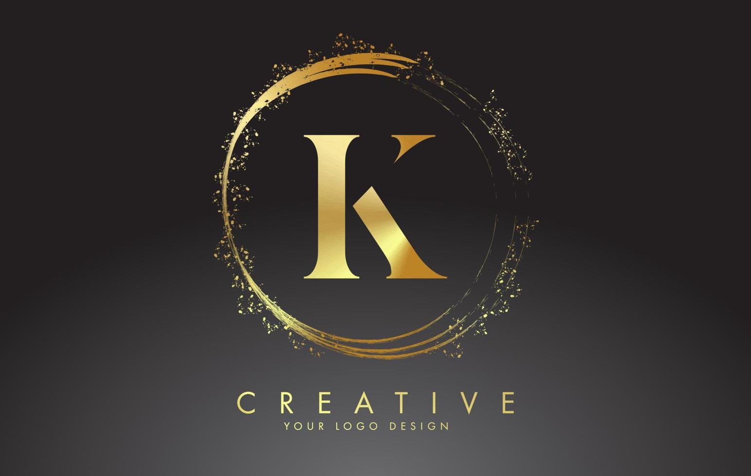 k logo en lettre dorée avec anneaux étincelants dorés et paillettes de poussière sur fond noir. illustration vectorielle brillante décorative de luxe. vecteur