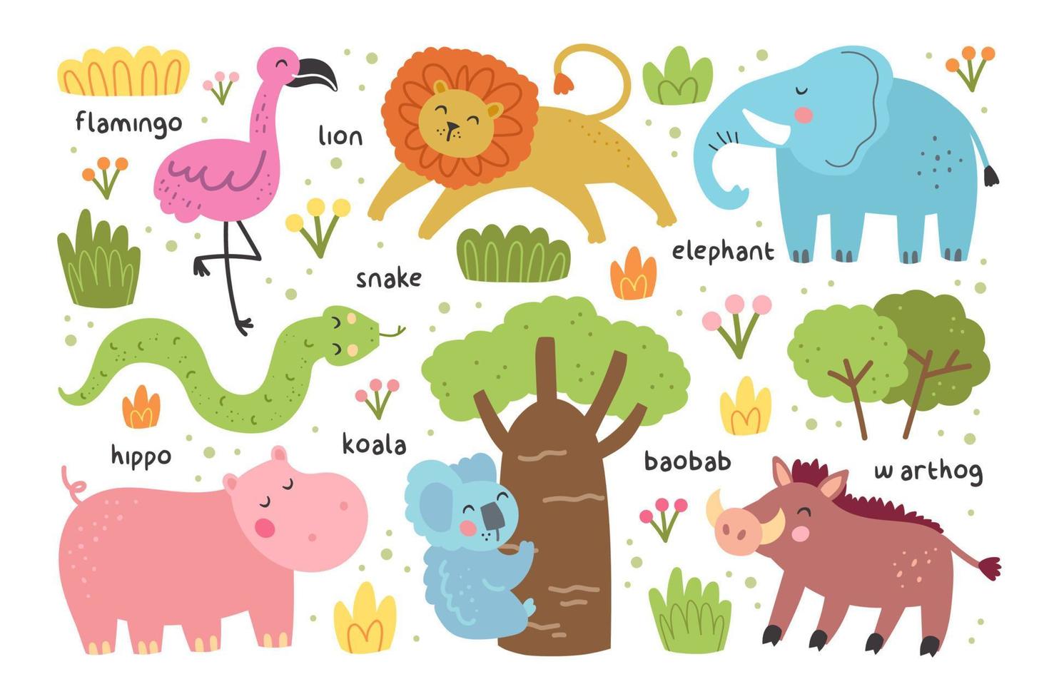 animaux sauvages, éléphant, lion, flamant rose, serpent, hippopotame, koala, phacochère, vecteur, conception, pour, enfants, isolé, blanc, fond vecteur