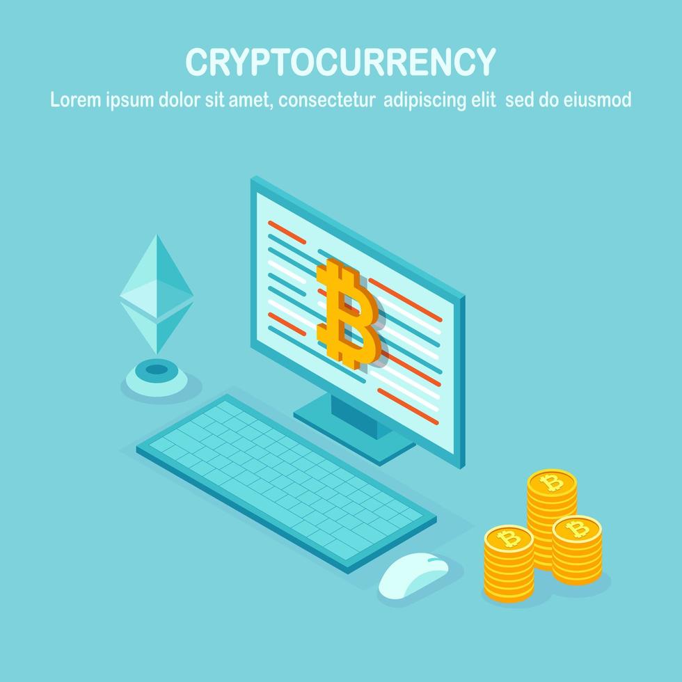 crypto-monnaie et blockchain. miner des bitcoins. paiement numérique avec de l'argent virtuel, finance. Ordinateur isométrique 3D, ordinateur portable avec pièce de monnaie, jeton. conception de vecteur pour la bannière