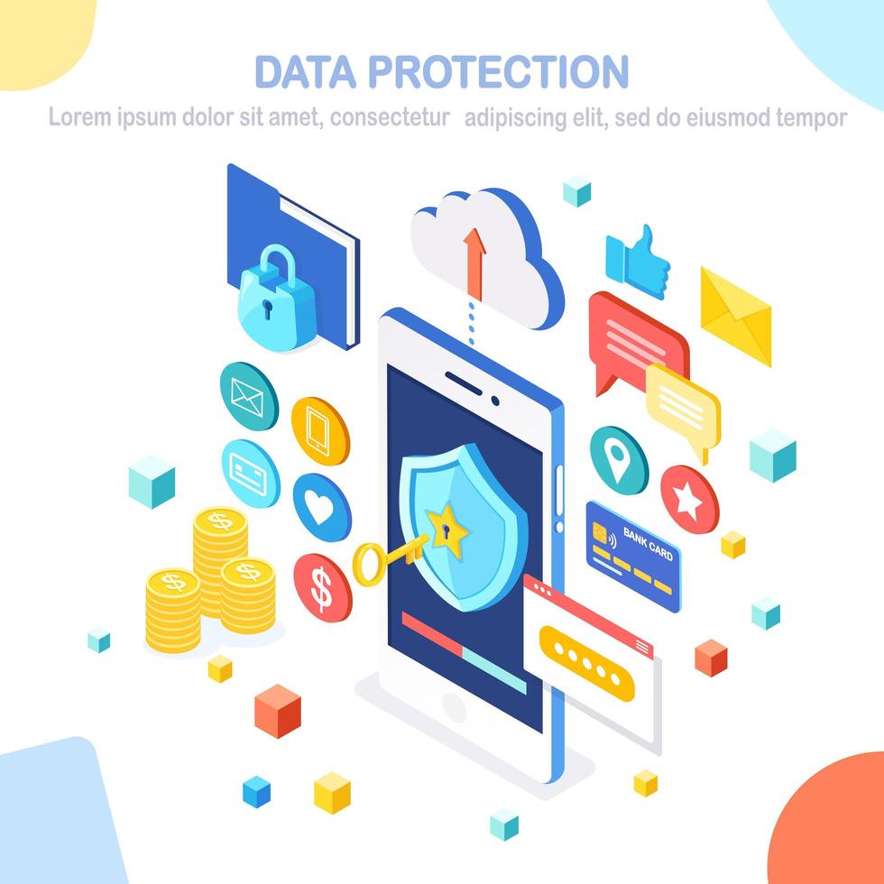 protection des données. sécurité internet, accès privé avec mot de passe. Téléphone mobile isométrique 3D avec clé, bouclier, serrure, dossier, nuage, documents, carte de crédit, argent, message. conception de vecteur pour la bannière