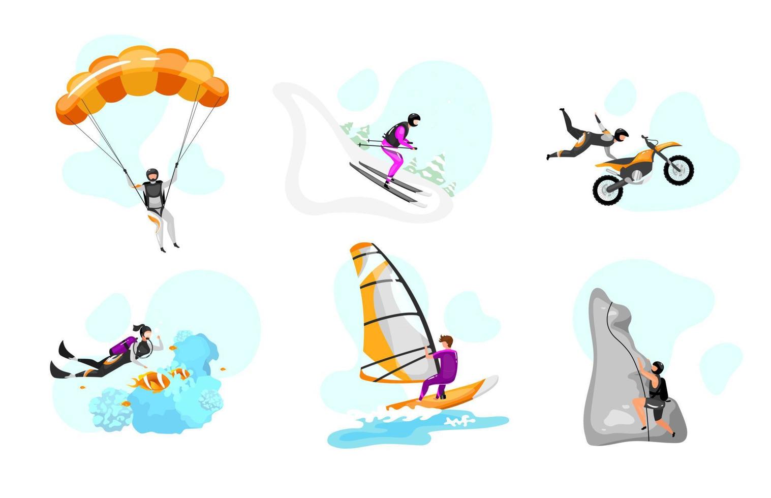 Ensemble d'illustrations vectorielles à plat de sport extrême. parachutisme, deltaplane. surf, plongée sous-marine. ski alpin. escalade. cascades à moto. activités de plein air personnages de dessins animés isolés vecteur