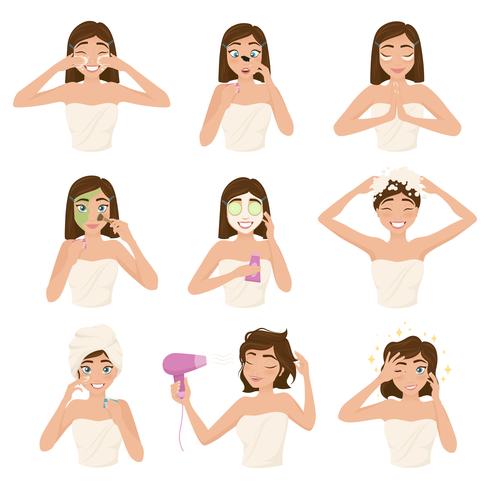 Femme Matin Routine Icon Set vecteur