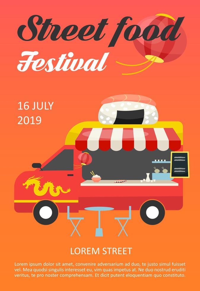 modèle de brochure du festival de cuisine de rue. dépliant de camion de restaurant de cuisine asiatique, livret, concept de dépliant avec des illustrations à plat. mise en page vectorielle pour le magazine. invitation publicitaire avec espace texte vecteur