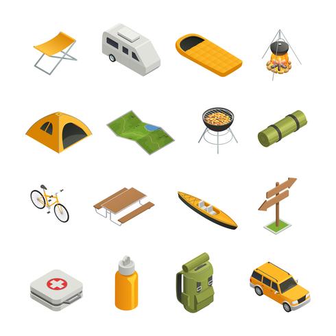 Camping randonnée isométrique Icon Set vecteur