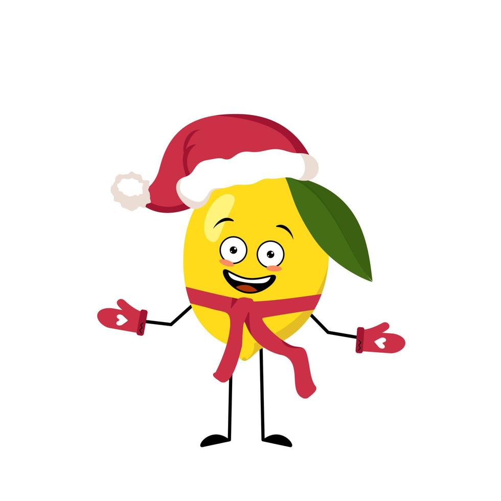 personnage de santa au citron avec une émotion heureuse, un visage joyeux, des yeux souriants, des bras et des jambes avec une écharpe et des mitaines. personne aux fruits avec expression, agrumes pour noël et nouvel an vecteur