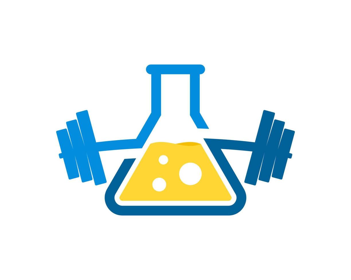 laboratoire de bouteilles triangulaires avec haltères de gym et liquide jaune vecteur