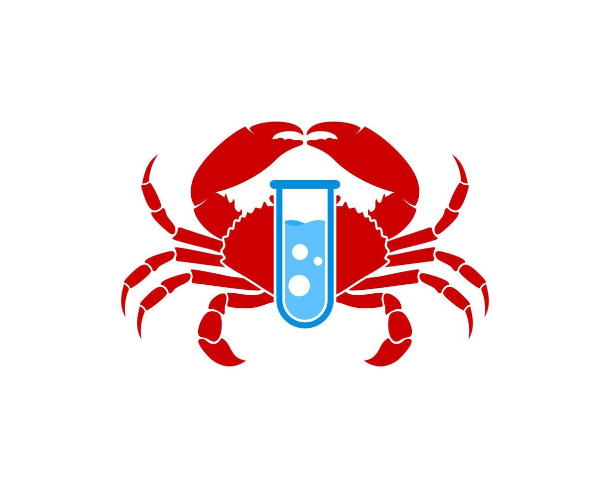 crabe rouge avec laboratoire bouteille et liquide bleu vecteur