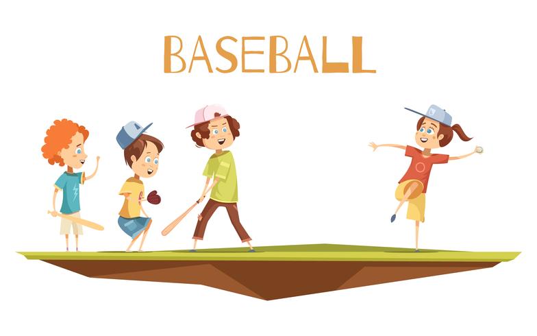 Enfants dessin animé jouant au baseball Vector Illustration