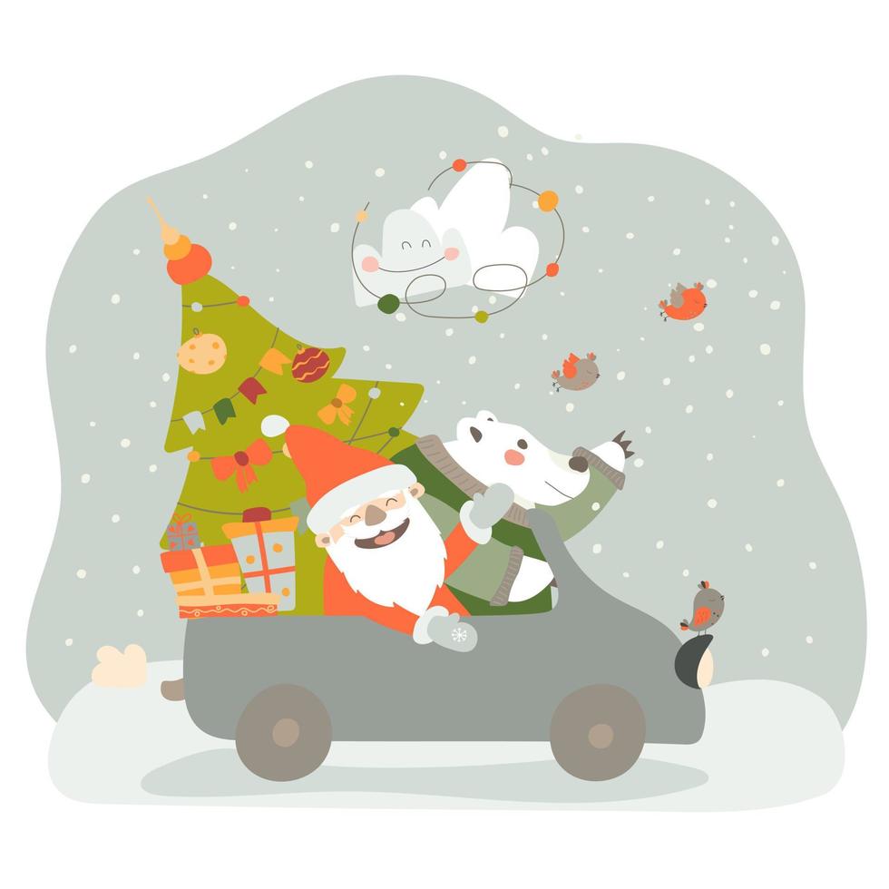 le joyeux père noël monte dans la voiture avec un ours polaire. le père noël apporte des cadeaux aux enfants. illustration vectorielle en style cartoon sur fond blanc. isoler, dessin à la main. pour l'impression, le web vecteur